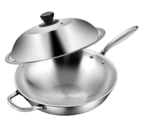 DYElite ステンレス製中華鍋 IH・ガスコンロ対応 フライパン プロ仕様 調理器具・キッチン用品|炒め物・揚げ物 |業務用・家庭用(32cm) (32cm(耳付き)+スチールカバー)