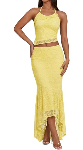 GERT COREL Womens 2 Piece Outfits Ruffle Trim Halter Neck Crop Top and Low Rise Maxi Skirt Set (Yellow Small)