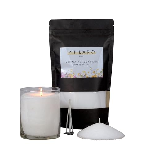 Philaro Kerzensand mit Duft - Scandi Breeze - 400g inkl. 4 Dochte in vier Duftvarianten - Kerzengranulat - Aromasand - Kreative DIY Kerzen - Kerzenalternative