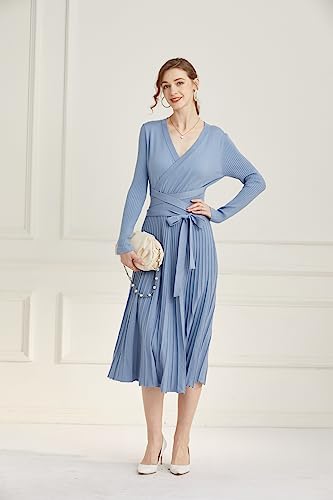 Image of Women's Long Knit Crewneck Sweater Dress Tie Waist A-Line Swing Pleated Bodycon