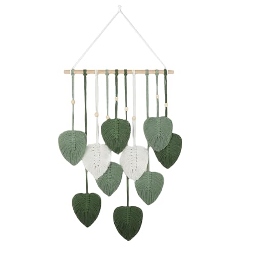AXVRAV Boho Deko Makramee Wandbehang, Wandteppich Boho Deko mit Holzperlen und Grün Blätter, Tapisserie Wanddeko Handgemacht, für Schlafzimmer Kinderzimmer Wanddeko, 40 × 80 cm (Grün)
