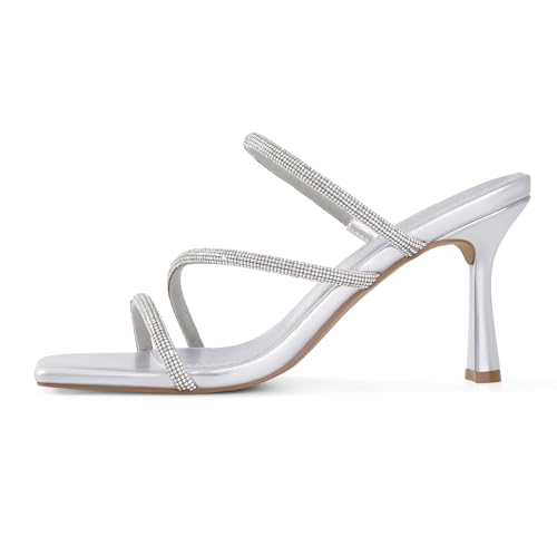 Image of Shoe'N Tale Strappy Kitten Heels For Women Stiletto Mules Square Open Toe Slip On Sandals