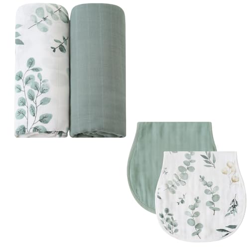 Image of LifeTree Muslin Swaddle Blankets Neutral and Baby Burp Cloths for Newborn Girls Boys, 70% Viscose from Bamboo and 30% Cotton, Eucalyptus Leaves/Sage