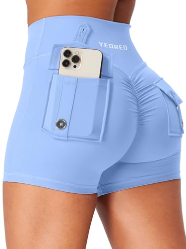 YEOREO CoreFlex - Pantaloncini sportivi da donna con tasche, a vita piatta, per allenamento a vita alta, per palestra, yoga, corti, Azzurro, M