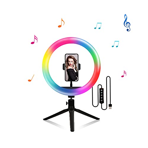 10" LED Ringlicht,RGB Tiktok Ringleuchte mit Stativ Handy-Halterung Stimmenkontrolle, 18 RGB Farbe,23 dynamische RGB-Regenbogenfarben Heim Licht,10 Helligkeit für Make-up Live-Stream YouTube Selfie