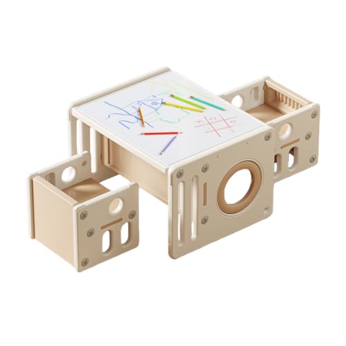 Luulife 子供用デスクとチェア、積み木テーブル、小学生勉強机 椅子 セット 収納付き子供用デスクセット。リビングでソファとしても使え、勉強やお絵かき、遊びに最適です (ベージュ+ホワイト,66.5*52.8*41.2CM)