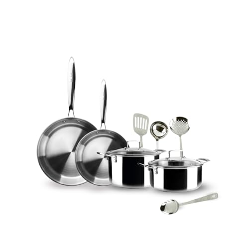 IBILI - Juego de 10 piezas de cacerola, olla, sartenes y utensilios de acero inoxidable, tricapa triply Natural, Apto para induccion, sin antiadherente