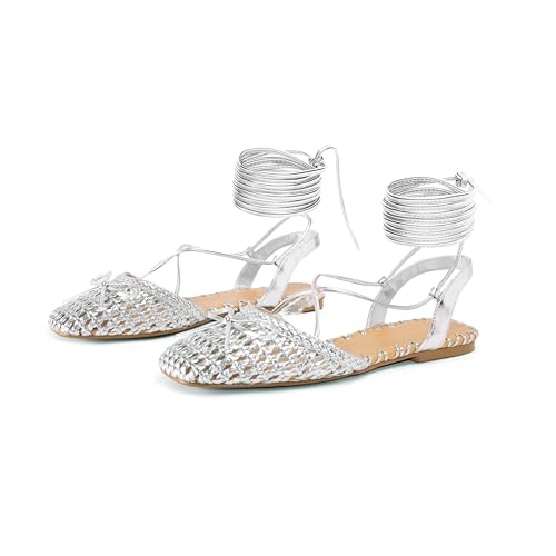 Image of Woven Ballet Flats for Women Lace Up Closed Square Toe Summer Sandals Dressy Shoes