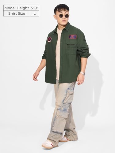 Image of The Souled Store Official Top Gun: Flight Crew Men and Boys Long Sleeves Collared Neck Button Front Green Patch Embroidery Regular Fit Cotton Shirts