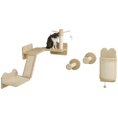 PawHut Juego de Estanterías para Gatos de 4 Piezas Rascador de Pared para Gatos con Postes de Sisal Plataforma para Saltar Bola de Juguete Beige