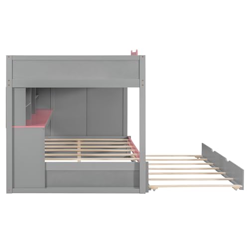 Image of Merax Full Over Full Wood Bunk Bed with Twin Size Trundle with Stairs & Hidden Storage & Shelves, Built-in 3-in-1 LED Lights, Multi-Level Storage Hub, Space-Saving Bedroom Furniture, Gray+Pink