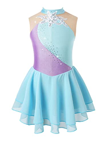 Easyforever Kids Girls Ice Figure Skating Roller Skater Leotard Dress Floral Lace Long Sleeve Tutu Skirt Dancewear ^^Vlight Blue 10 Years #TOP7