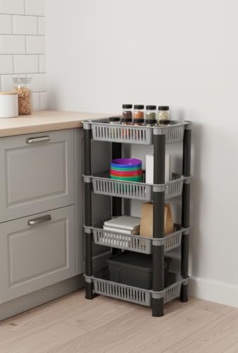 Image of U-Max Multi Tire Kitchen Storage Rack, Plastic Utility Shelf Organiser, Space Saving Storage Solution, Revolving Vegetable Rack (Silver-Regular, 4)