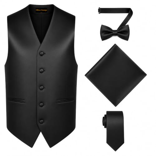 Image of Oliver George 4pc Men's Solid Formal Suit Waistcoat Tuxedo Dress Vest Necktie Bowtie Handkerchief Set for Suit or Tuxedo