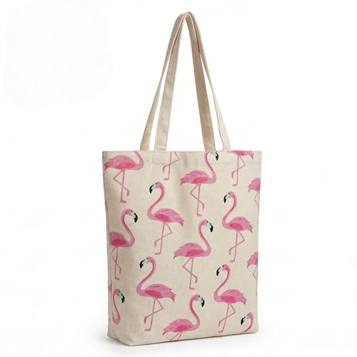 MIJOMA Shopper Flamingo – Trendige Stofftasche 43x34 cm aus Baumwollmix mit rosa Flamingo-Print – Einkaufstasche mit langen Henkeln – Wiederverwendbare Tragetasche