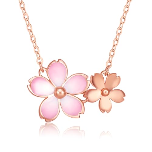 18K/750 Rose Gold Pendant Necklace Cherry Blossom Pink Flower Necklace Diamond Necklace 40+5CM Chain with Jewelry Box for Women Girlfriend Mum Wife Birthday Anniversary