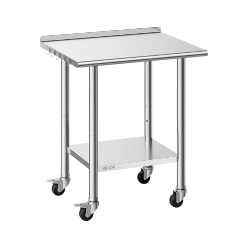 Image of VEVOR Stainless Steel Work Table, 24x30 inch Food Prep Table with Wheels and Backsplash, Commercial Kitchen Workstation with Adjustable Undershelf, Metal Utility Worktable, for Restaurant Home Outdoor