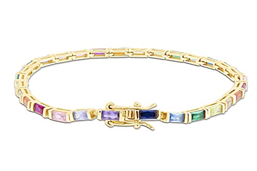 Affy 14K White Gold Plated 925 Sterling Silver Colourful Rainbow Baguette Sparkling Multi Color Gemstone Tennis Bracelet For Women (6.5, White-Gold-Plated-Silver) #TOP2