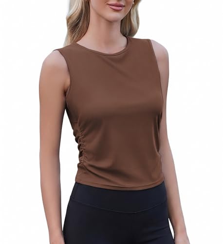 PINSPARK Tank Top Damen Crop Top Sommer Yoga Shirt Lässig Oberteile Atmungsaktiv Sporttop mit Seitfalten Braun M