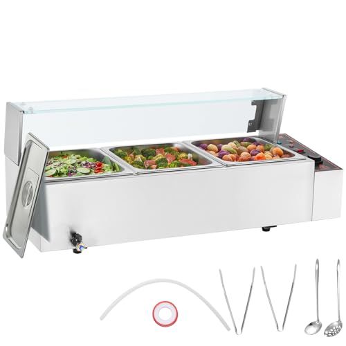 VEVOR 3-Pan Commercial Food Warmer, 3 x 8QT Electric Steam Table with Glass Cover, 1500W Countertop Stainless Steel Buffet Bain Marie 86-185°F Temp Control for Catering, Restaurants, Silver