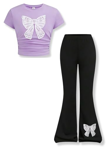 Image of Girls Clothes 2 Piece Short Sleeve Lace Bow Print Tops Flared Pants Set Little Girl Outfits Size 7-14
