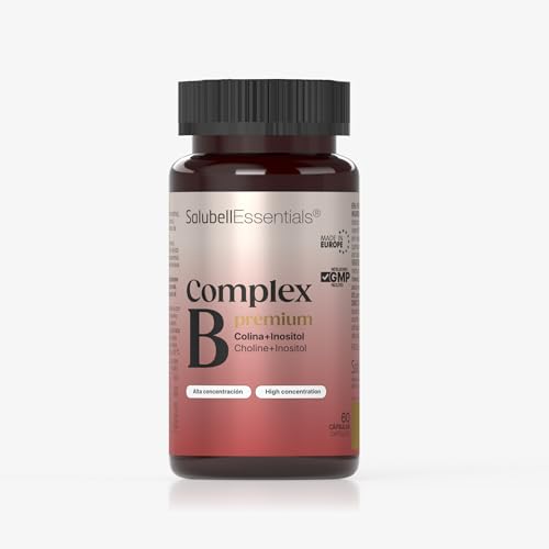 Salubell Essentials® COMPLEX B PLUS, 60 cápsulas. 8 vitaminas esenciales del grupo B (B1, B2, B3, B5, B6, B7, B9, B12), enriquecido con Colina e Inositol.Contribuye al Metabolismo. Reducción Cansancio