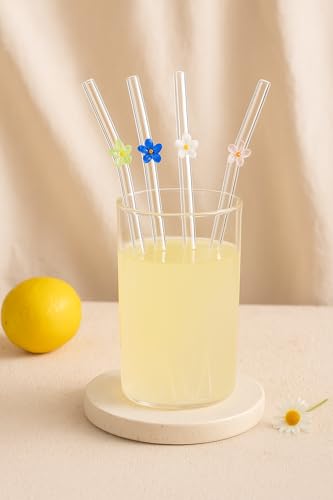 Image of THE Empty Space Set of 4 Reusable Glass Straws, Colorful Cute Flower Straws with Gift Packaging for Smoothies, Milkshakes, Juices, Teas, Perfect for Parties & Gifts | 8 inch Height 4 PCs
