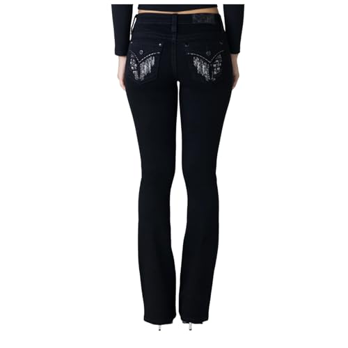 Miss Me Women's Oz Angel Embellished Faux Flap Pockets Mid-Rise Bootcut Jeans (Black, 32W x 34L)