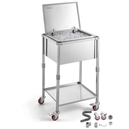 Image of VEVOR Commercial Ice Bin, Underbar Ice Bin, Stainless Steel Ice Chest with Sliding Lid, Bottle Holders, Adjustable Bullet Feet, Cooler Cart Cocktail Unit for Bar Restaurant Pub