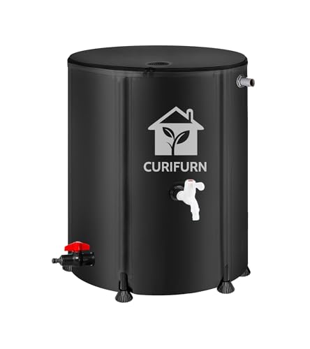 53 Gallon Rain Water Barrel, Portable Rainwater Collect System Water Storage Tank Collapsible Rain Barrel with Filter, Spigot & Overflow Kit (Reinforced Liner+Thickened Legs) - Black