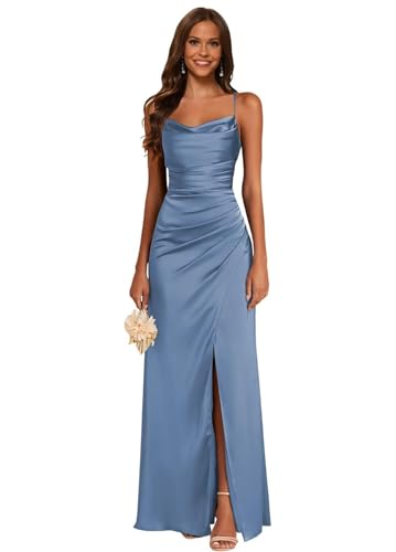 JAEDEN Satin Brautjungfernkleid Spaghettiträger Ballkleider Lang mit Schlitz Meerjungfrau Falte Abendkleider Staubiges Blau 32
