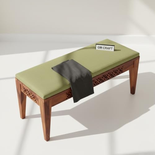 Image of Sheesham Wooden Bench for Living Room with Cushion Seating - Dining Bench for Sitting - 3 Seater Upholstered Benches for Home & Office Indoor /Outdoor Table for Balcony (Design 8)