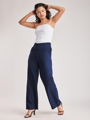 Image of FableStreet Women's Formal Trousers | High-Rise Pleated Wide-Leg Design | Solid Pattern with Plain Weave | Comfortable Office Wear for Business Meetings & Formal Events
