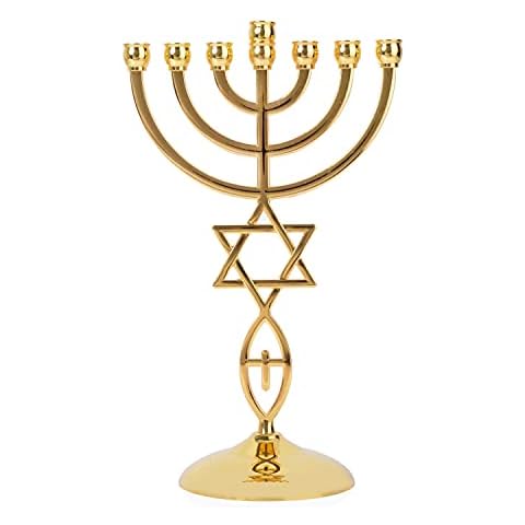 BRTAGG Menorah 7 Branch, Gold Plated Star of David Jewish Candle Holder (21cm, Gold) Cover