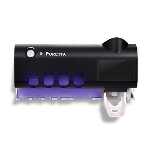 Puretta Toothbrush Sterilizer And Toothbrush Holder With Led Uv Light Sterilization Function,Rechargeable Solar Power,Wireless Design,Wall Mounted Automatic Toothpaste Dispenser（Black） #TOP4