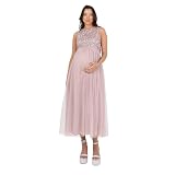 Maya Deluxe Damen Womens Ladies Maternity for Pregnant Wedding Guest Midaxi Sleeveless Sequin Embellished Tulle Crew Neck Bridesmaid Dress, Soft Pink, 38 EU