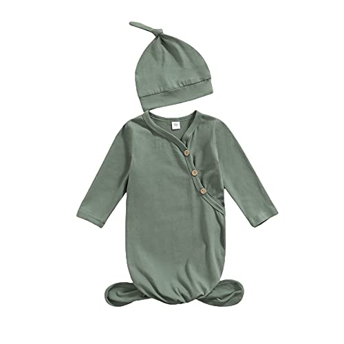 Image of Newborn Baby Boy Girl Knotted Gowns Long Sleeve Printed Sleeping Bag Coming Home Outfit Nightgown Pajamas Hat Set (P-Green, 0-3 Months)