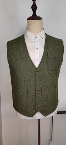 Yarizm Casual Men's Vests Herringbone Tweed Vest V-Neck Waistcoat For Men Retro Men's Wedding Vests Travel Workwear Vest2