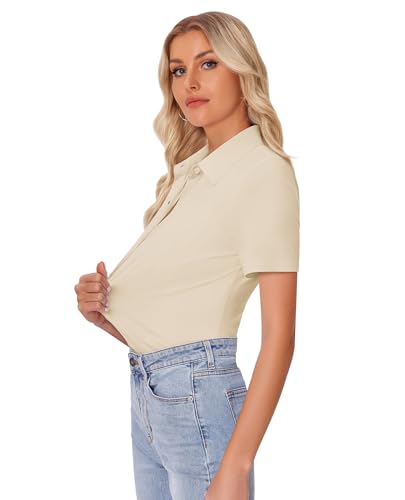 Image of siliteelon Womens Button Down Shirt Slim Fit Stretch Short Sleeve Dress Shirt Wrinkle Free Collared Business Work Blouse Top