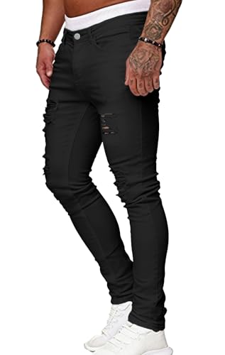 Image of HUNGSON Men's Blue Slim Fit Jeans Stretch Destroyed Ripped Skinny Jeans Side Striped Denim Pants