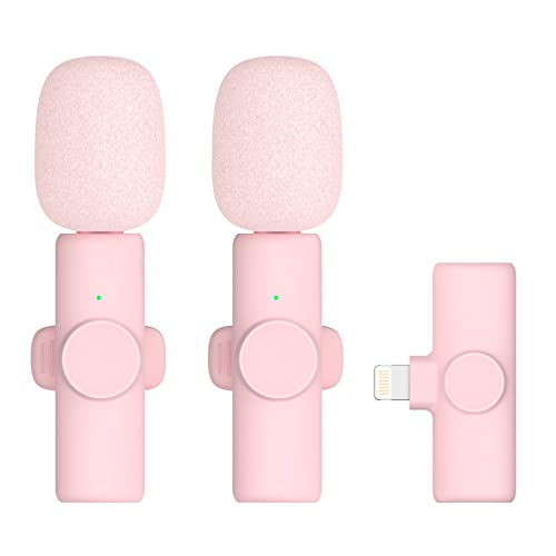 Dual Wireless Lavalier Microphone for iPhone iPad, Mini Lapel Wireless Microphone for Video Recording, TikTok Facebook Live Steam, Youtubers, Vloggers, Interview, Clip-on Plug & Play(Pink,2Mics)