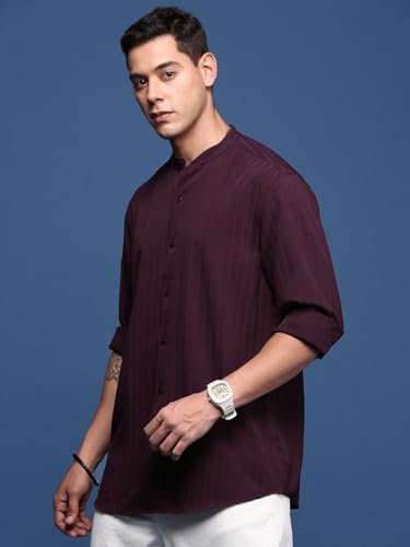 Image of SHOWOFFFF Men Solid Casual Shirt | Mandarin Collar Full Sleeves Cotton Shirt for Mens | Slim Fit Regular Length Shirt for Men's