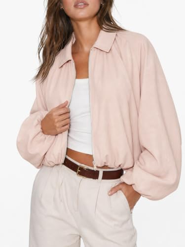 Tankaneo Womens Cropped Jackets Bomber Coat Fall Casual Zip Up Outerwear | Pleated Puff Long Sleeve Lightweight - image 4