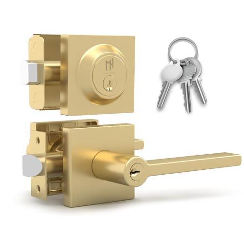 Image of Mega Handles Prime Entrance Combo, Entry Lever Door Handle and Single Cylinder Deadbolt Lock and Key Combo Pack, Heavy Duty Square Locking Door Levers Set for Left or Right-Handed Doors - Satin Brass