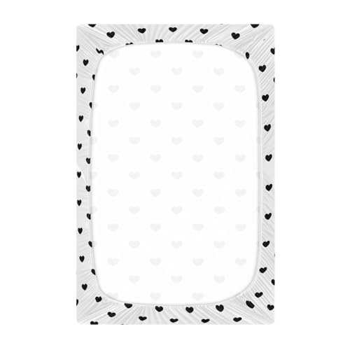 Image of Black Heart Polka Dots White Fitted Crib Sheets Stretchy Portable Playard Sheets for Baby Toddler, Breathable Soft Mini Crib Mattress 52 x 28 in for Boys and Girls