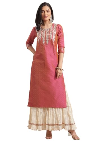Image of Varanga Women Blue Floral Printed Round Neck with Placket Embellished with Sequin and Tassel, Straight Kurta with Three Quarter Sleeves