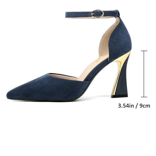 Image of RIBONGZ Comfortable Kitten Heels for Women Pointed Closed Toe Ankle Strap Buckle Heels Slip on Low Heel Church Pumps Wedding Bridal Party Dressy Shoes