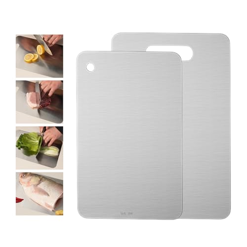 Image of 2 Packs Stainless Steel Cutting Board for Kitchen, 304 Steel Non Stick Metal Chopping Cutting Board by YAAHEIJA for Meat Fruit & Vegetable (13.4 x 9, 11.8 x 7.9 in)