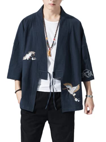 Image of Men's Japanese Kimono Cardigan Loose Cotton Linen 3 /4 Sleeve Open Front Casual Summer Shirt Jackets