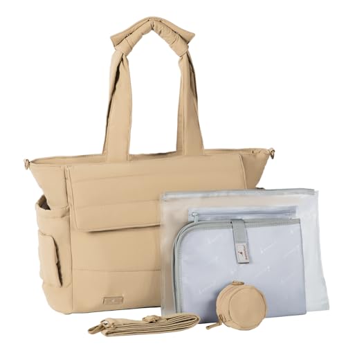 BabbleRoo Flo Tote Diaper Bag, 14-Pocket Cloud-Soft Puffer Newborn Bag for Parents, 14-Inch Laptop Sleeve, 3 Insulated Bottle Slots, Wet Pouch, Luggage Strap, Changing mat, Hidden Pocket, Taupe